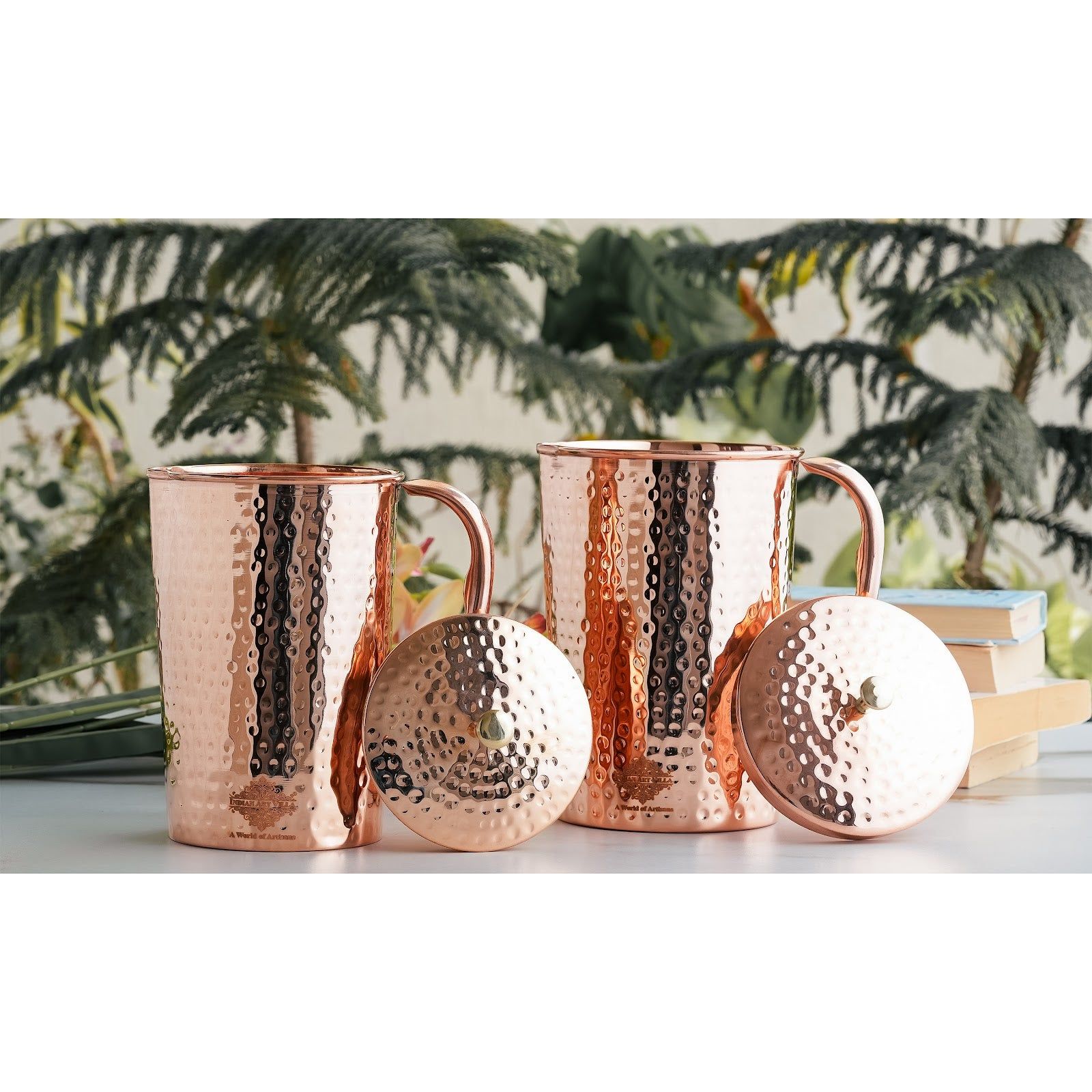Pure copper hammered antique design jug, pitcher with brass knob on lid hammered, 2000 ML